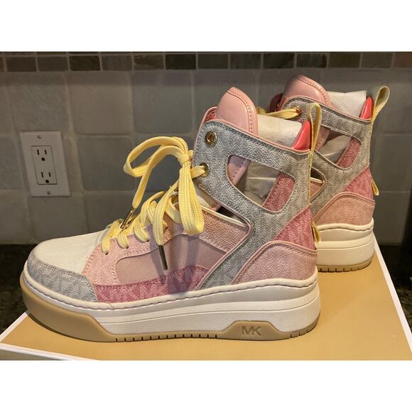PERFECTION NEW MICHAEL KORS MATSON HIGH TOP CANVAS SNEAKERS PINK MULTI $225 S7.5 - Picture 1 of 12